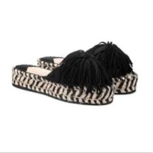 J/SLIDES Black Fringe Espadrille Slide Sandals